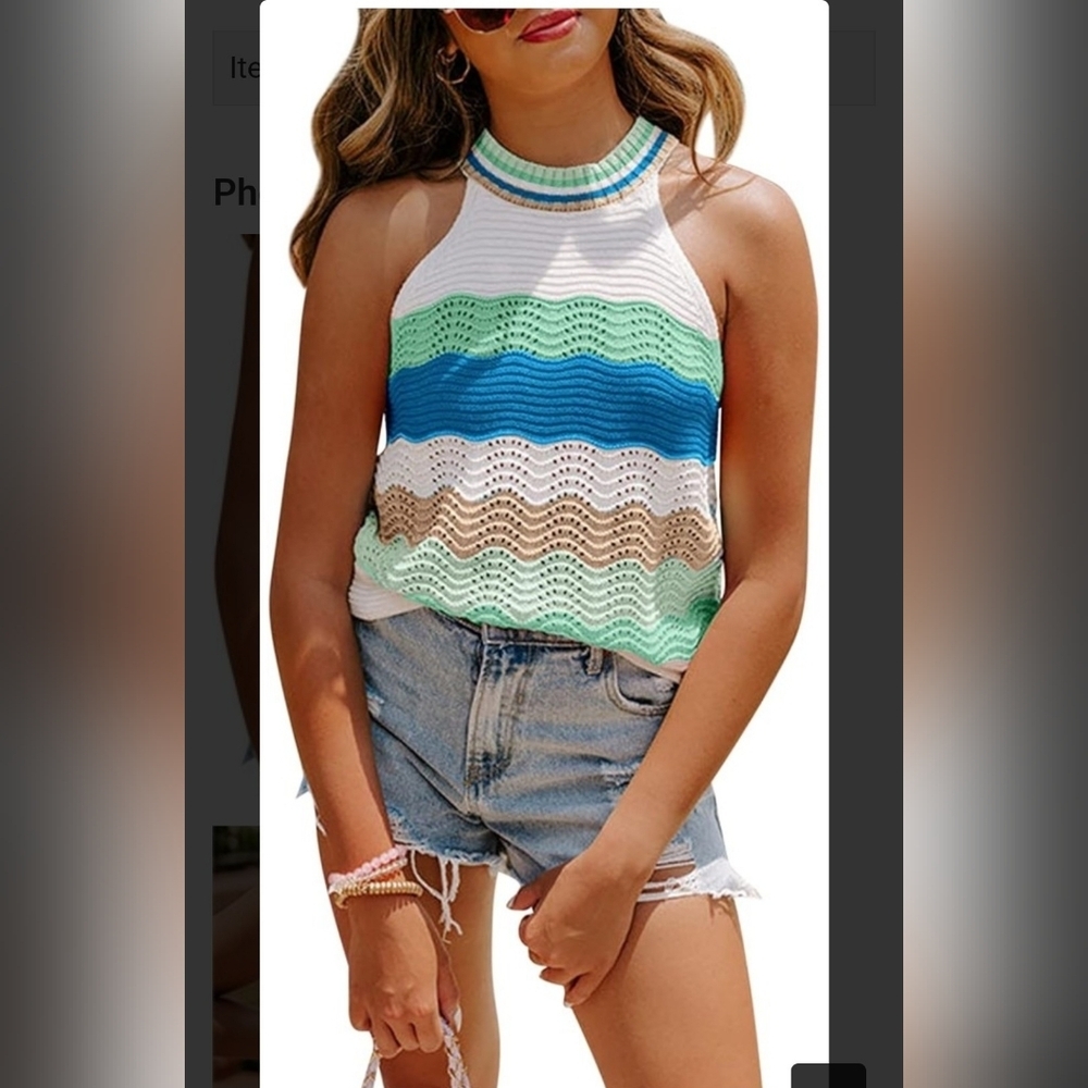 Dellytop Striped Crochet Colorblock Halter Tank Top